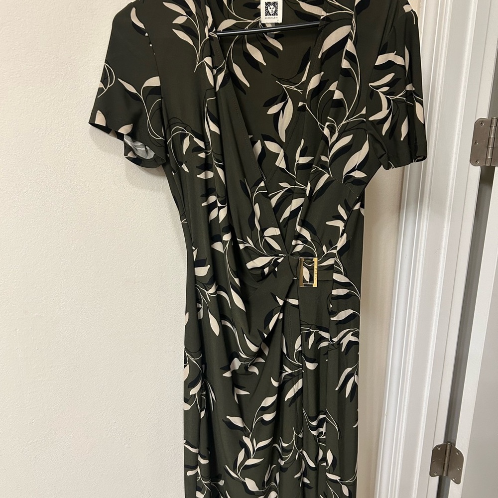 Anne Klein Olive Green Leaf Print Wrap Dress Size 10